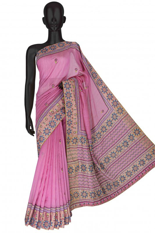 Ada Hand Embroidered Onion Pink Chanderi Lucknowi Chikankari Saree With Blouse-A97681