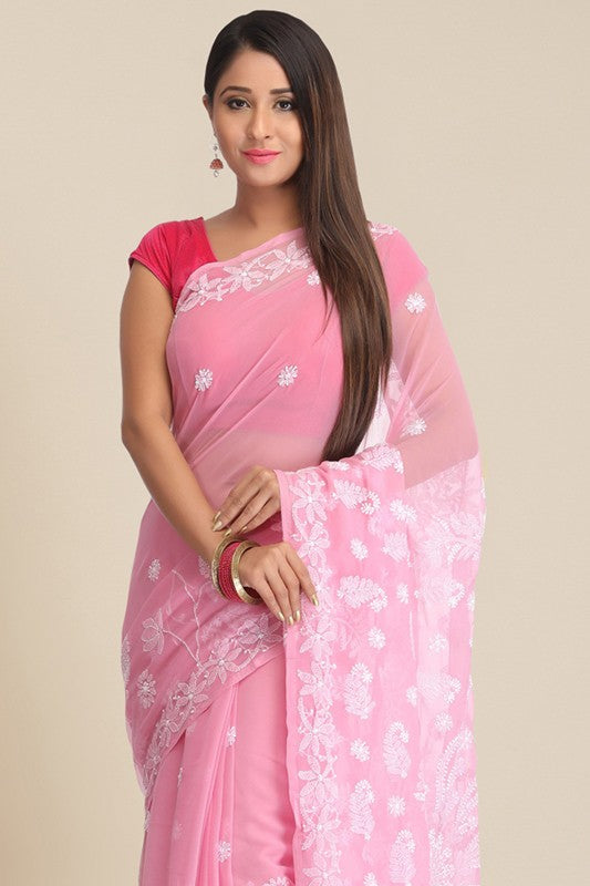 Ada Hand Embroidered Onion Pink Georgette Lucknowi Chikankari Saree with Blouse A129592