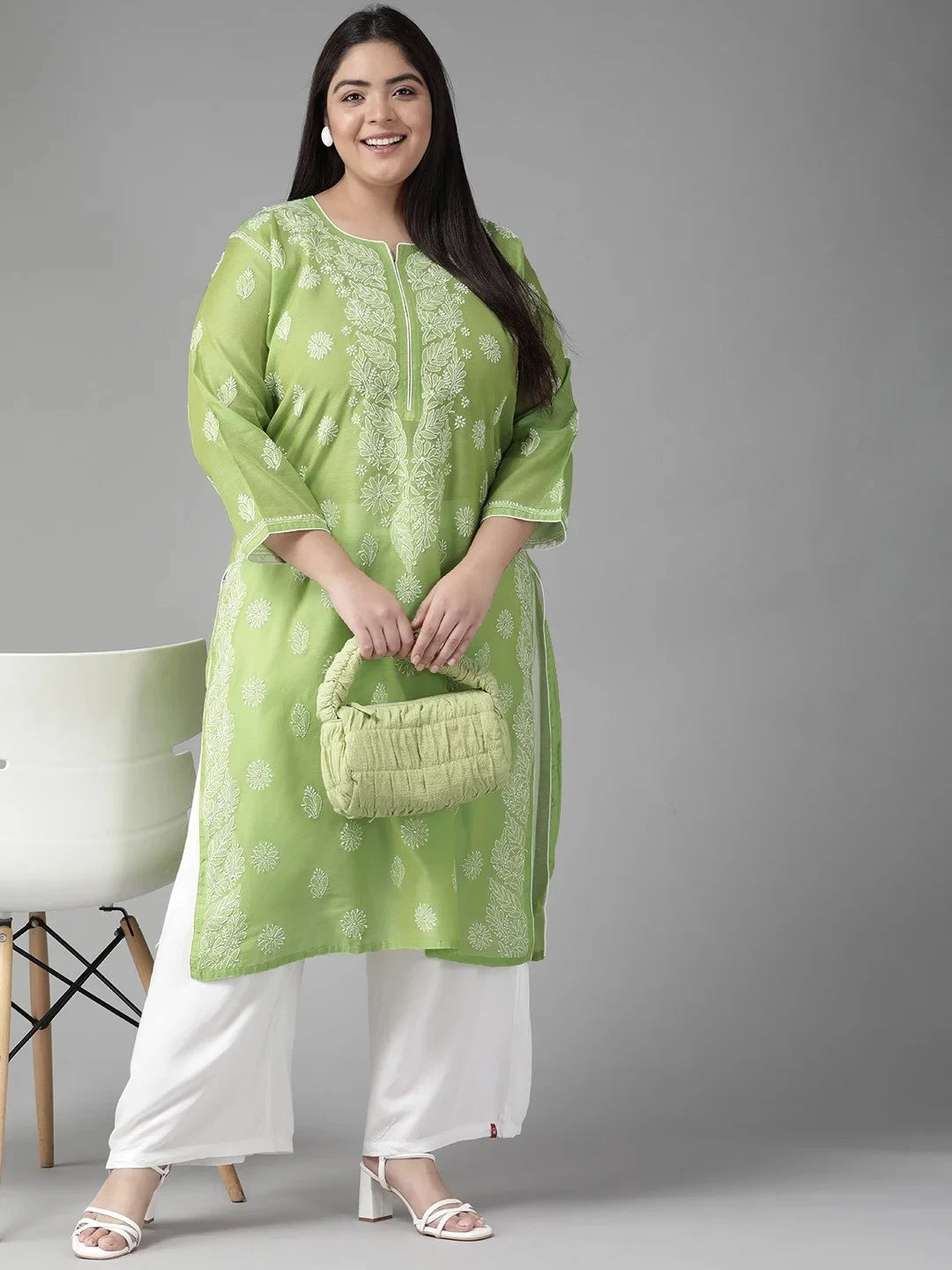 Ada Hand Embroidered Green Chanderi Lucknowi Chikankari Straight Kurta  A411174