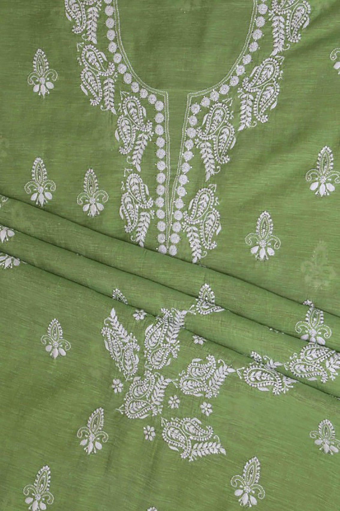 Ada Hand Embroidered Pear Green Khadi Lucknowi Chikankari Unstitched Suit Piece With Muqaish Work 01A10300