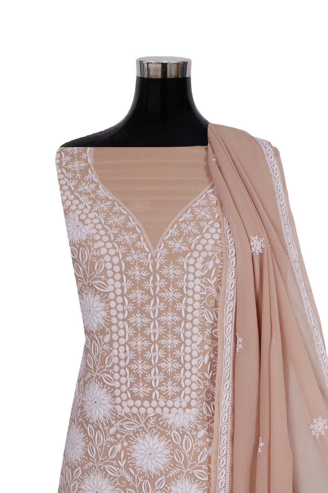 Ada Hand Embroidered Fawn Pure Georgette Lucknowi Chikankari Unstitched Kurta Dupatta Set A198254