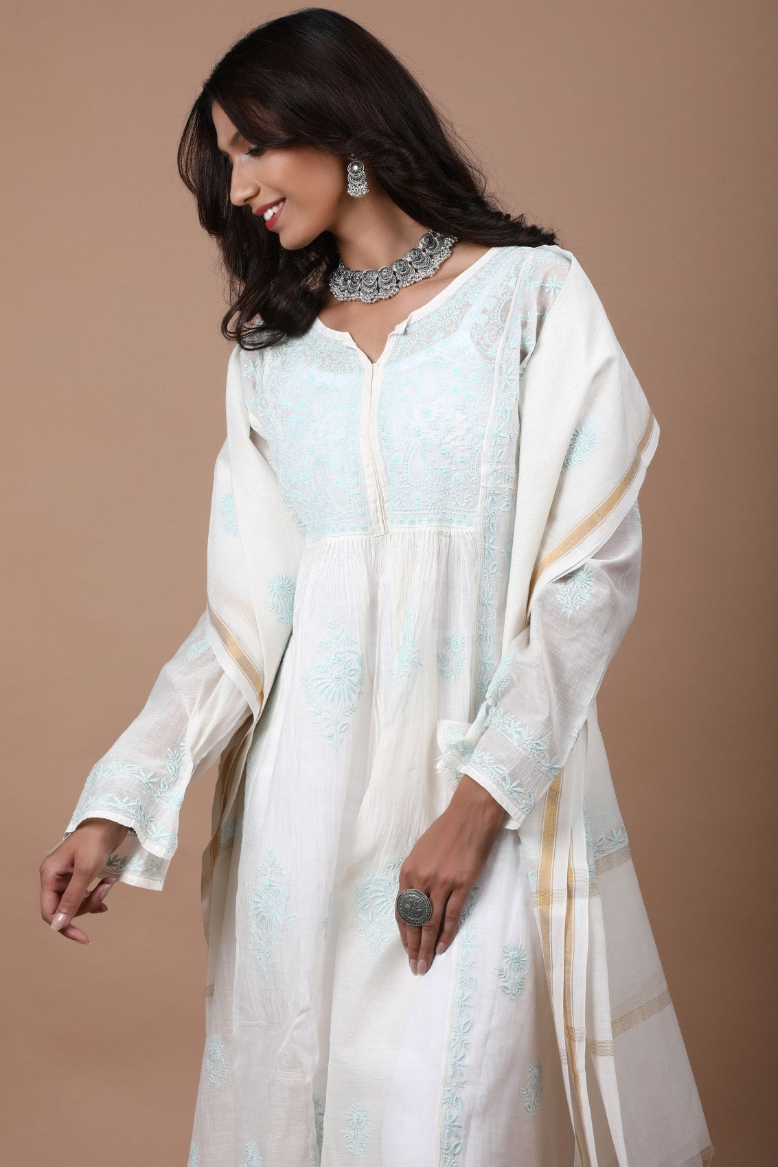 Ada Hand Embroidered Cream Chanderi Lucknowi Chikankari Semi-stitched Anarkali Kurta Dupatta Set 01A268037