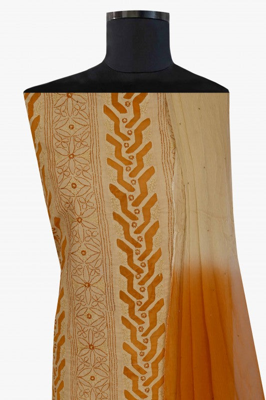 Ada Hand Embroidered Fawn Cotton Chikan Unstitched Suit Piece With Muqaish Work A619250