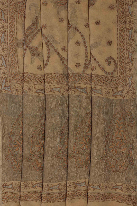 Ada Hand Embroidered Fawn Pure Georgette Lucknowi Chikankari Saree with Blouse A39733