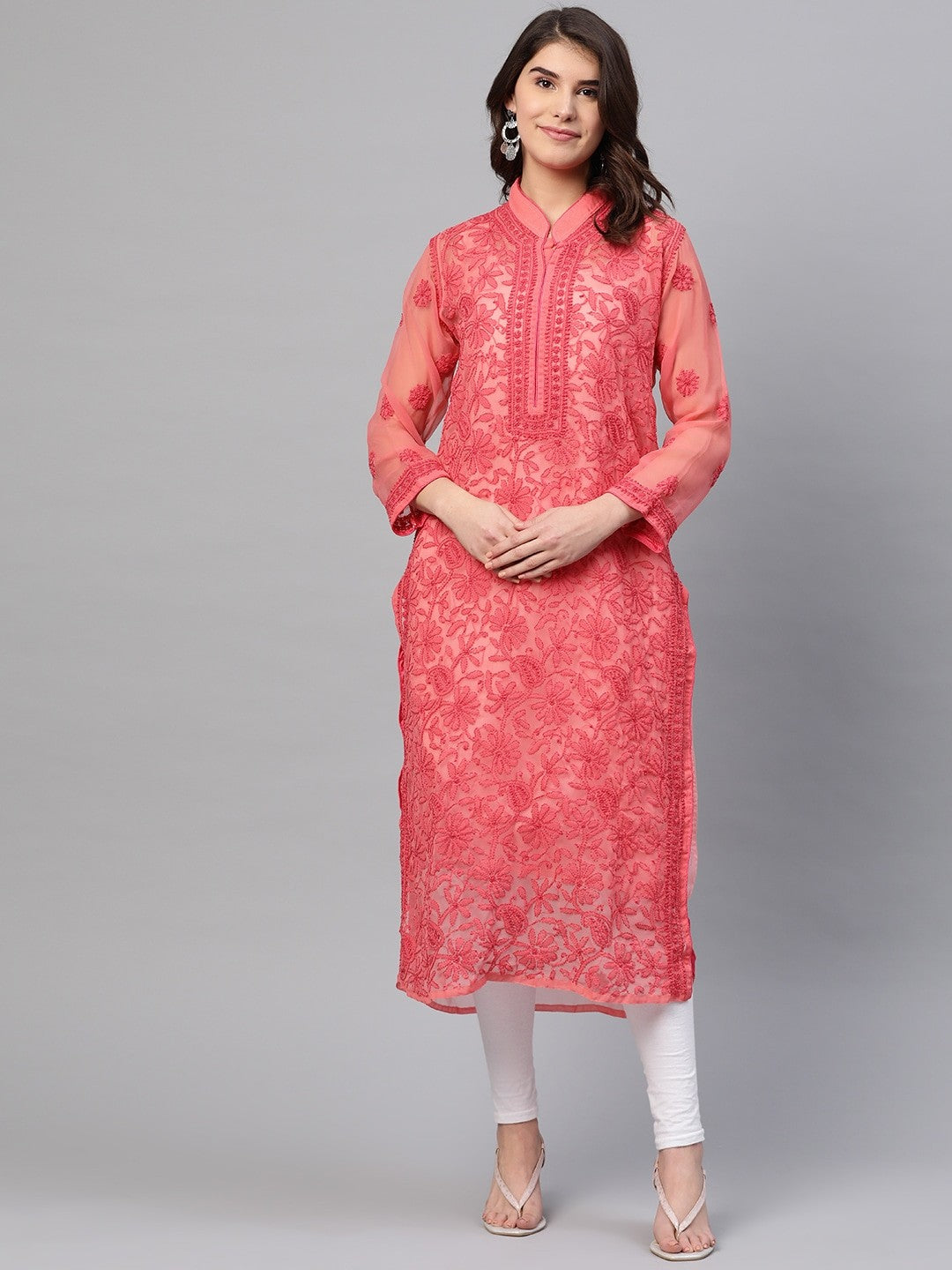 Ada Hand Embroidered Carrot Pink Georgette Lucknow Chikan Straight Kurta with Slip A225881