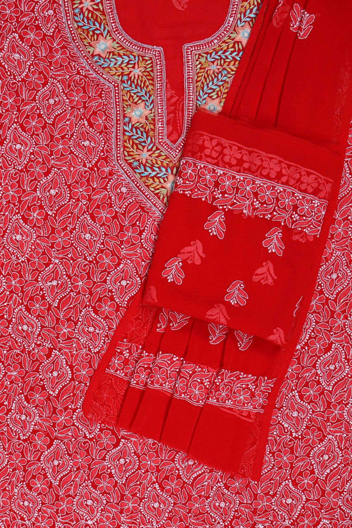 Ada Hand Embroidered Red Georgette Lucknowi Chikankari Unstitched Suit Piece With Pearl Work 01A146081