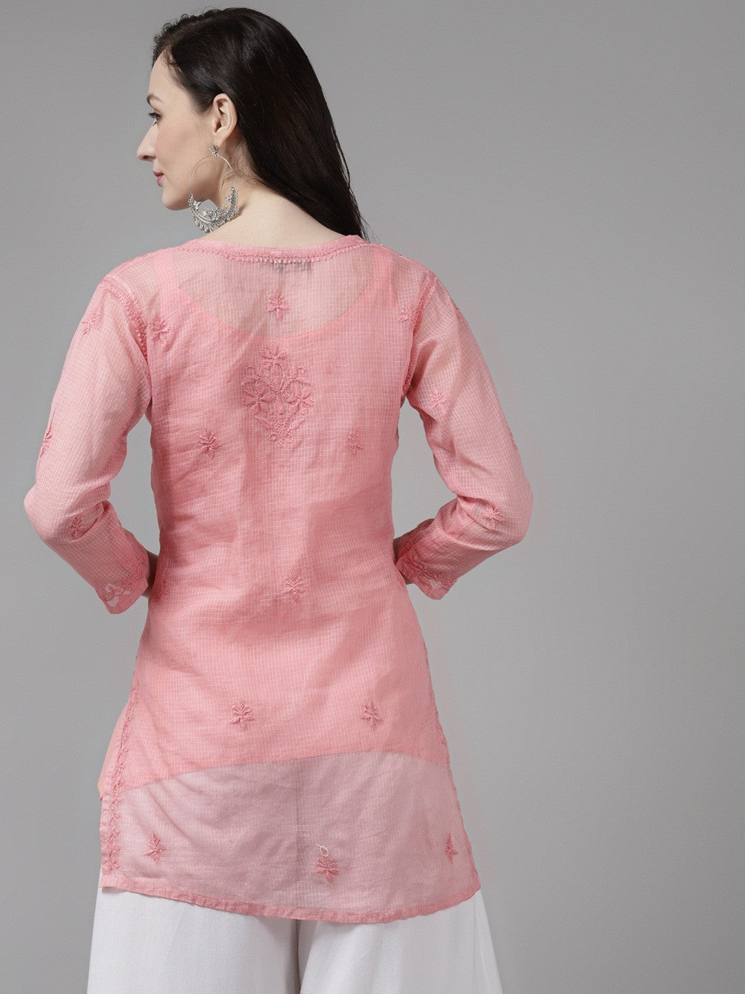 Ada Hand Embroidered Peach Kota Lucknow Chikan Kurti With Slip-A911155