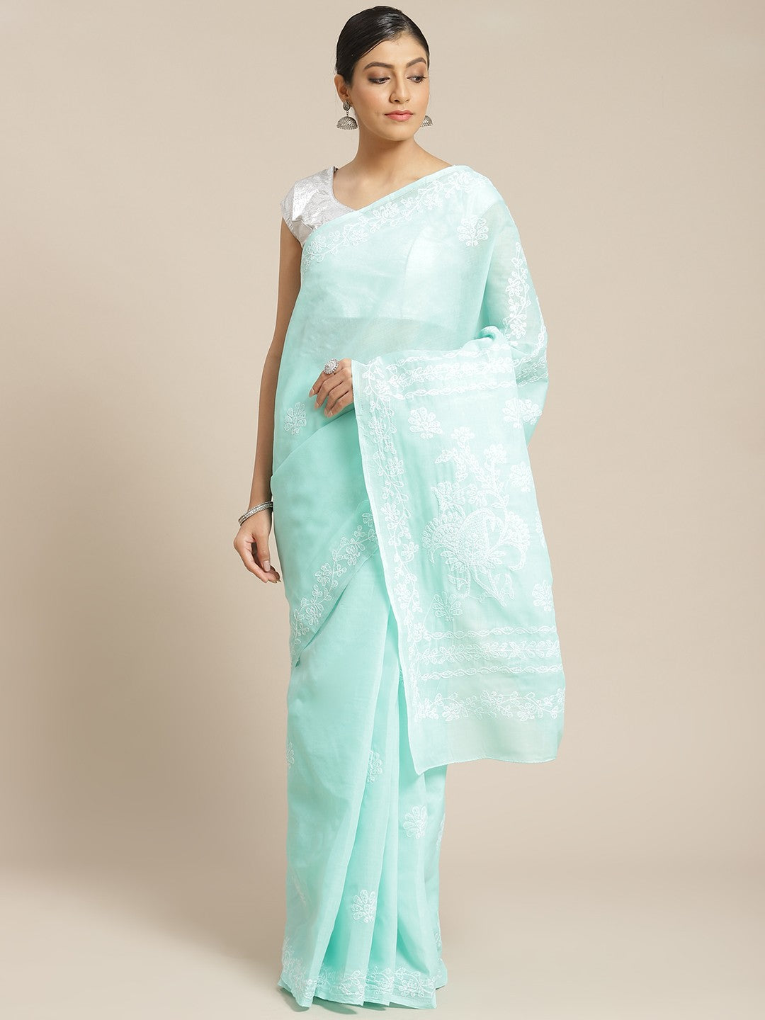 Ada Hand Embroidered Sea Green Cotton Lucknow Chikan Saree With Blouse- A159243