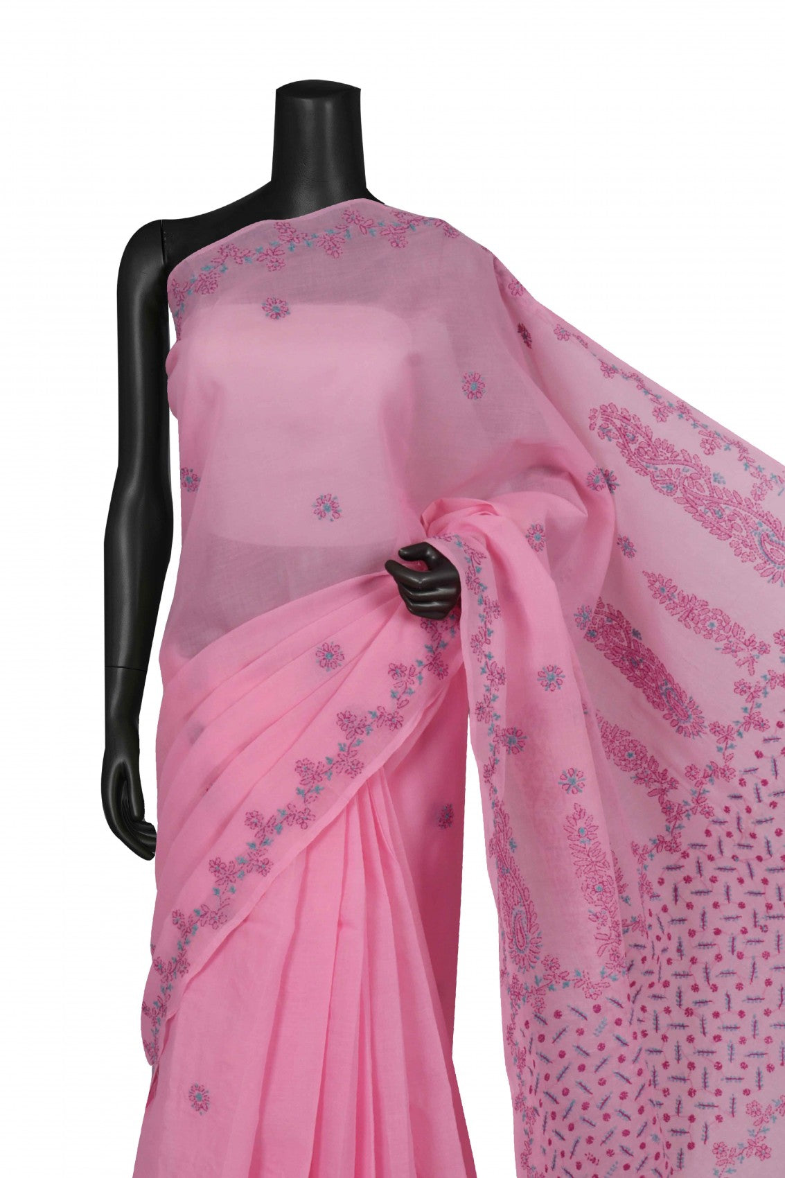 Ada Hand Embroidered Pink Cotton Lucknowi Chikankari Saree with Blouse A613993