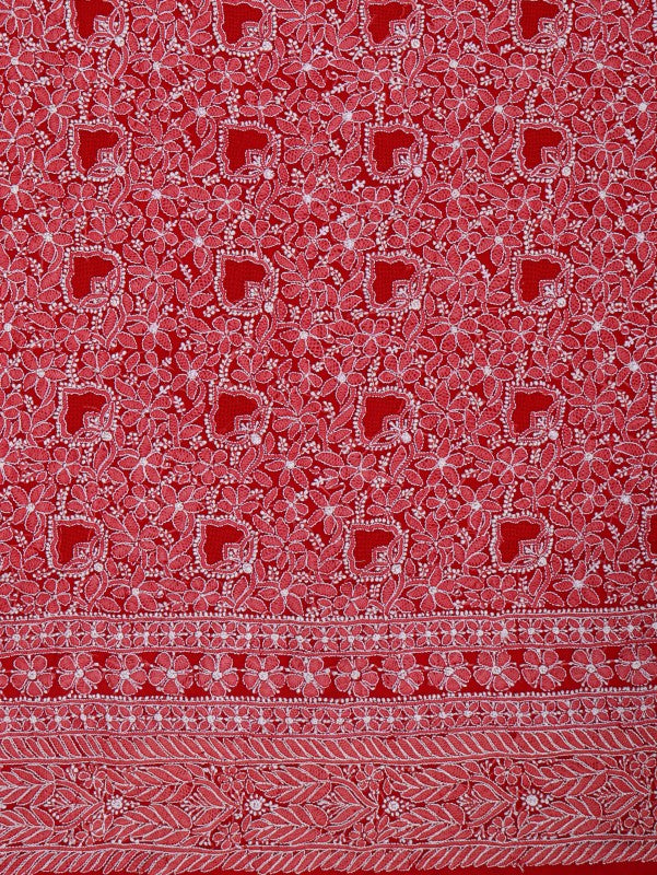 Ada Hand Embroidered Red Georgette Lucknowi Chikan Unstitched Suit Piece A491155