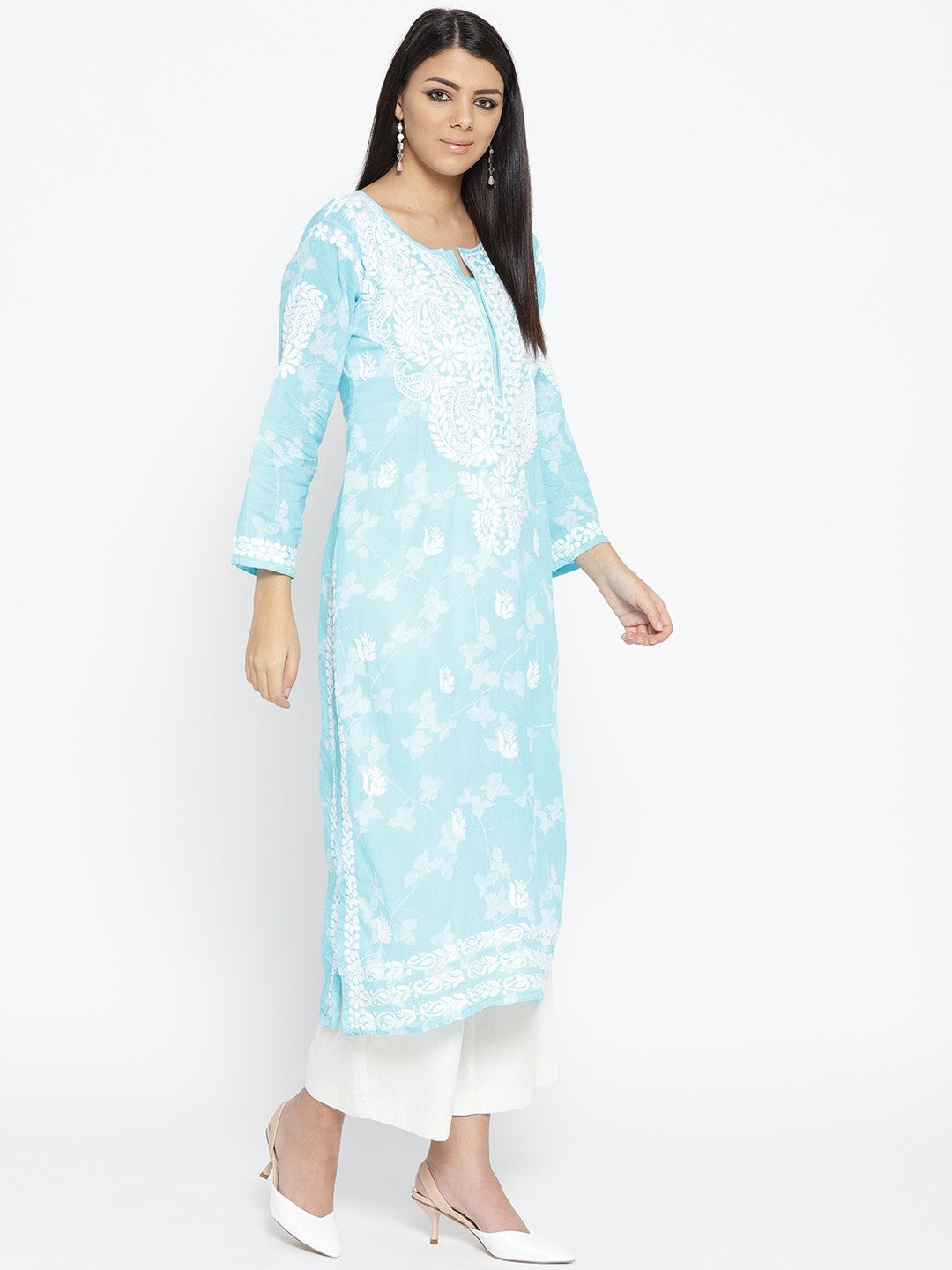 Ada Hand Embroidered Blue Cotton Lucknowi Chikankari Straight Kurta A100114