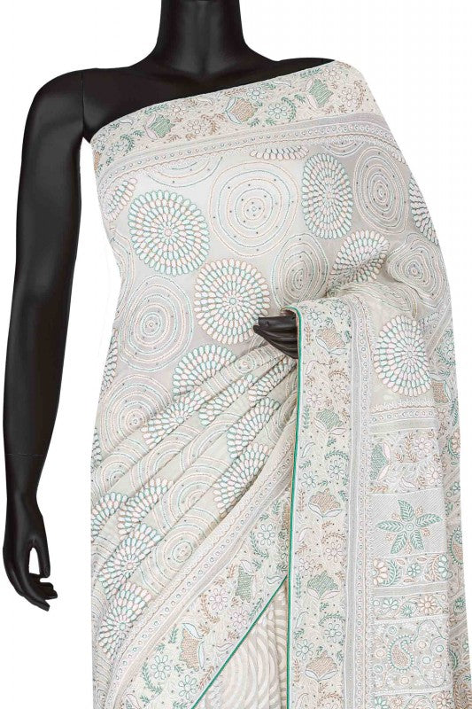 Ada Hand Embroidered Ivory Pure Georgette Lucknowi Chikankari Saree/Blouse With Muqaish Work -A56535