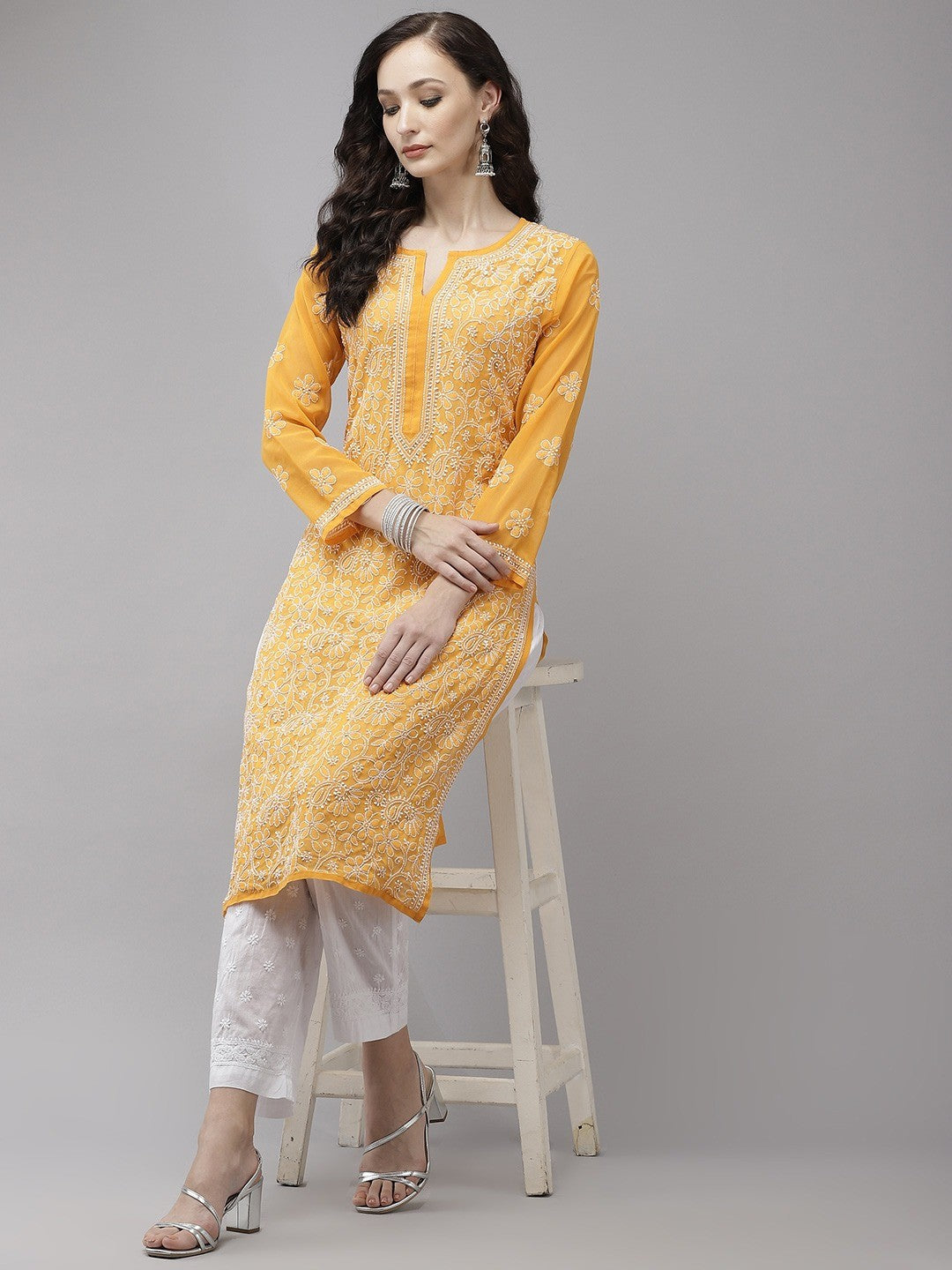 Ada Hand Embroidered Mustard Georgette Lucknowi Chikankari Kurta Set A811214