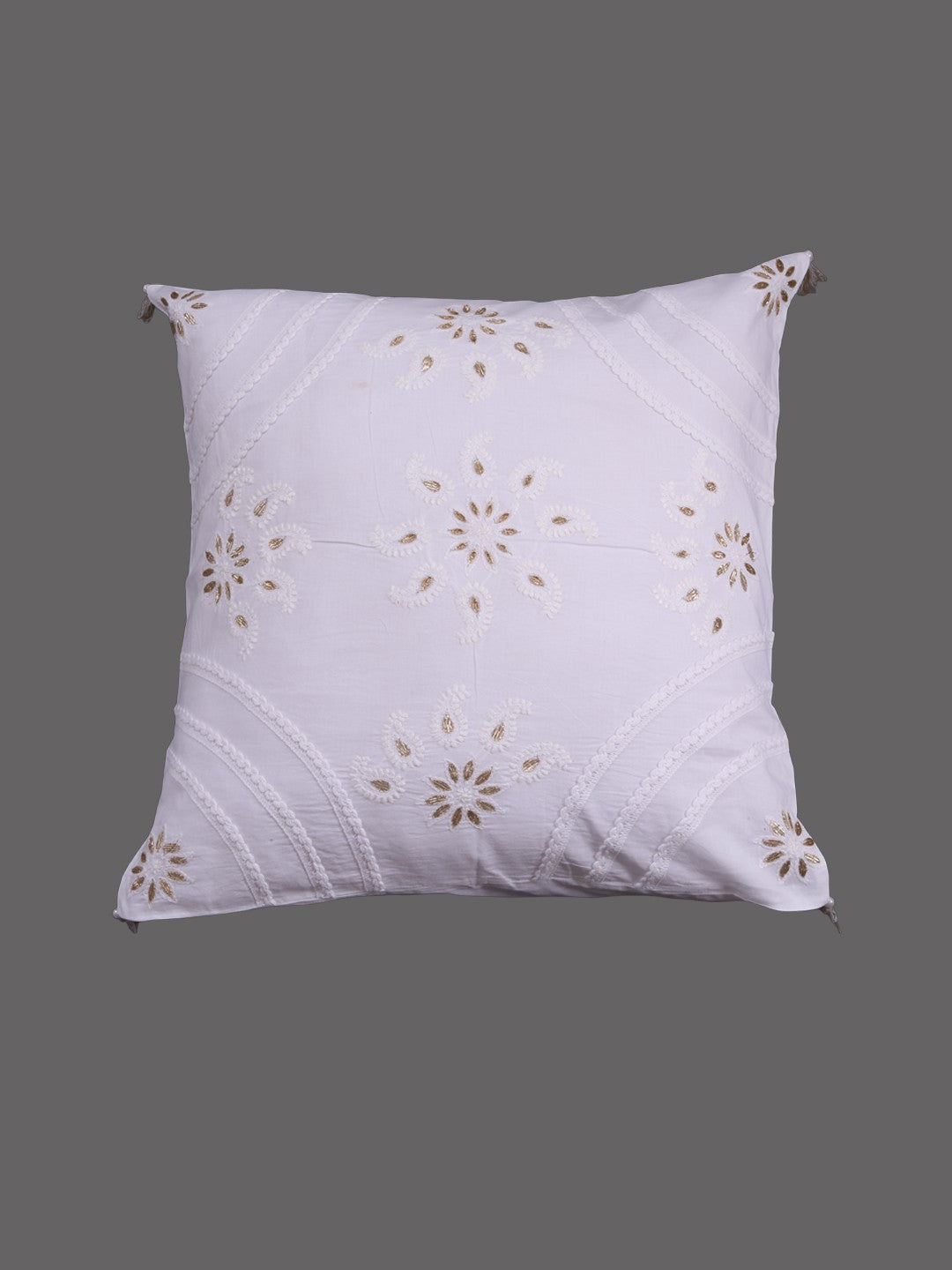 Ada Hand Embroidered White Cotton Lucknowi Chikankari Cushion Cover with Gota Patti Work A011102