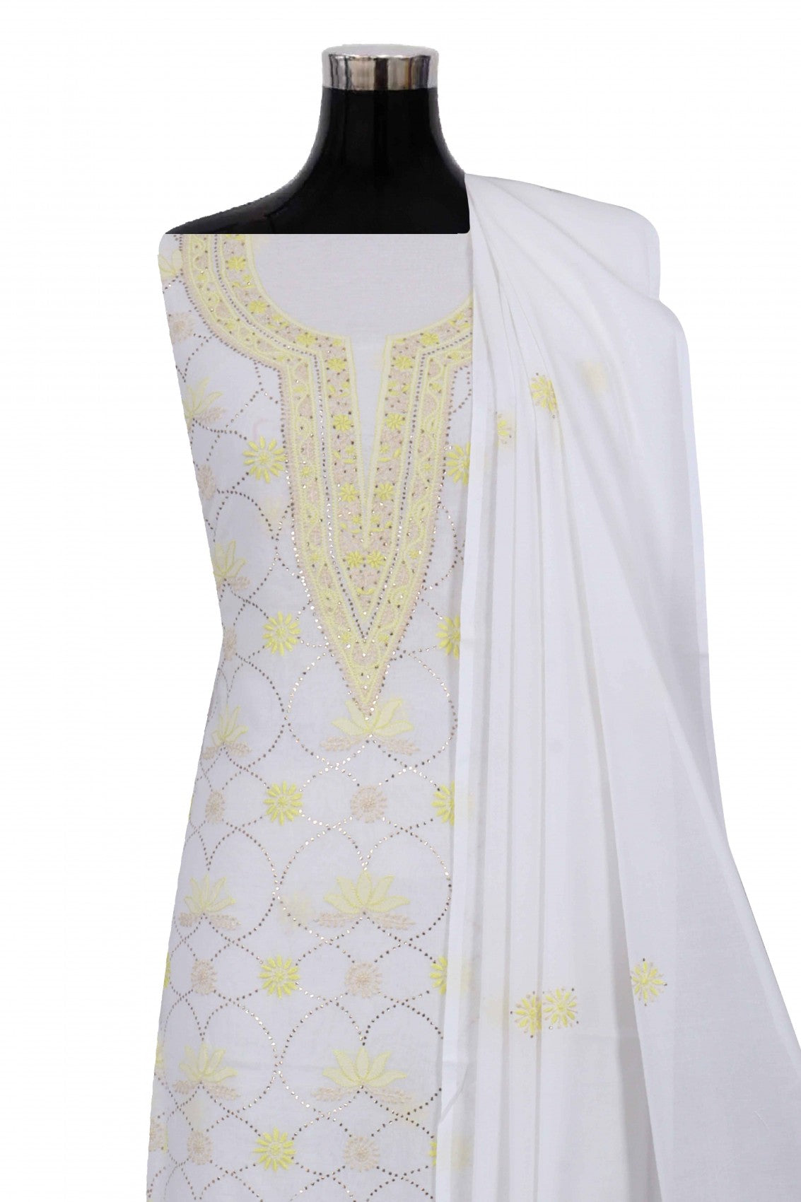 Ada Hand Embroidered White Cotton Lucknowi Chikankari Unstitched Suit Piece With Muqaish Work A512719
