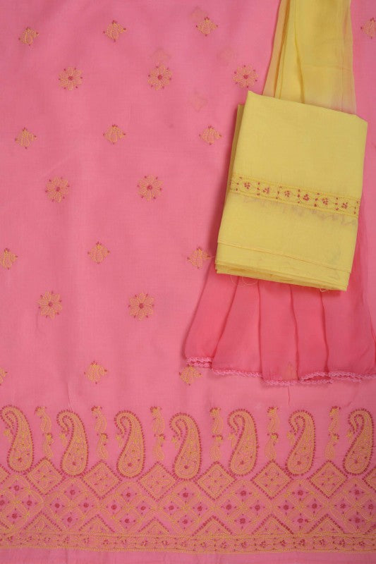 Ada Hand Embroidered Coral Pink Cotton Lucknowi Chikan Unstitched Suit Piece A609845