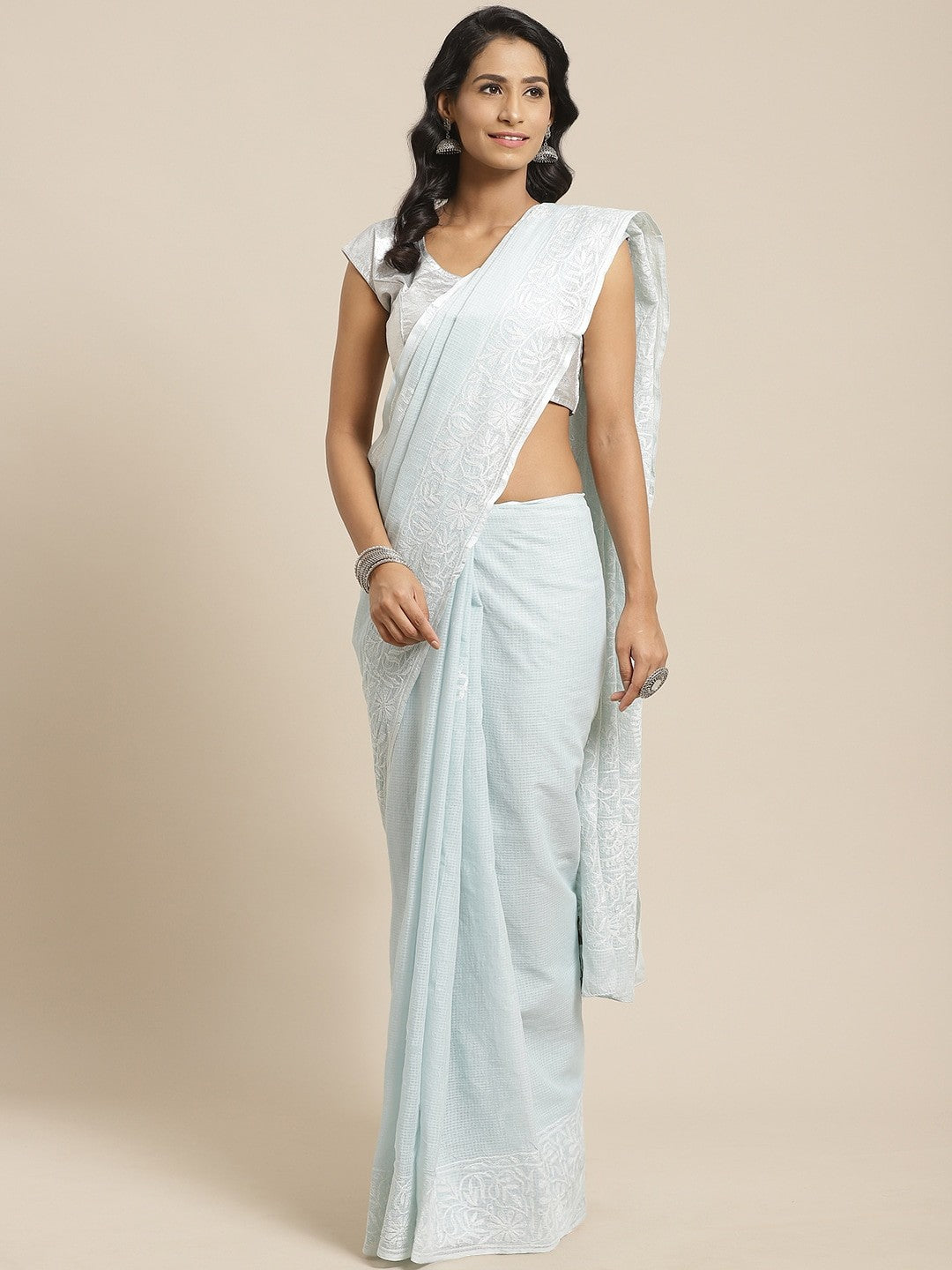 Ada Hand Embroidered Grey Kota Lucknow Chikan Saree With Blouse- A311113