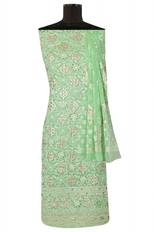 Ada Hand Embroidered Mint Green Georgette Lucknowi Chikan Unstitched Kurta Dupatta with Gota Patti Work A406297