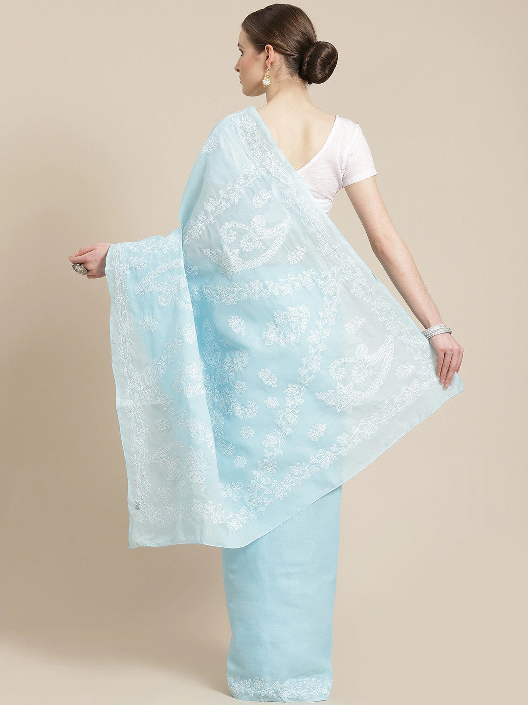 Ada Hand Embroidered Blue Cotton Lucknow Chikan Saree With Blouse- A311202