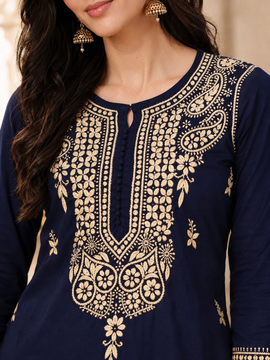 Ada Hand Embroidered Navy Blue Cotton Lucknowi Chikankari Straight Kurta A411150