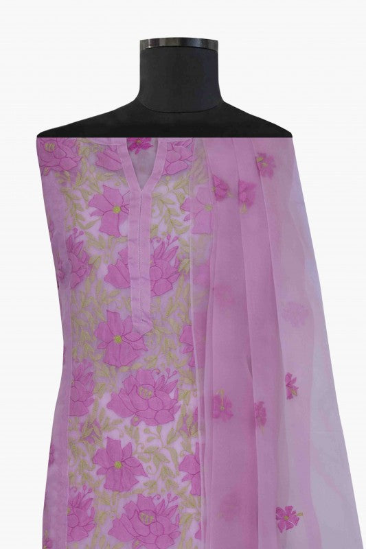 Ada Hand Embroidered Mauve Organza Lucknowi Chikan Unstitched Kurta Dupatta Set A587994