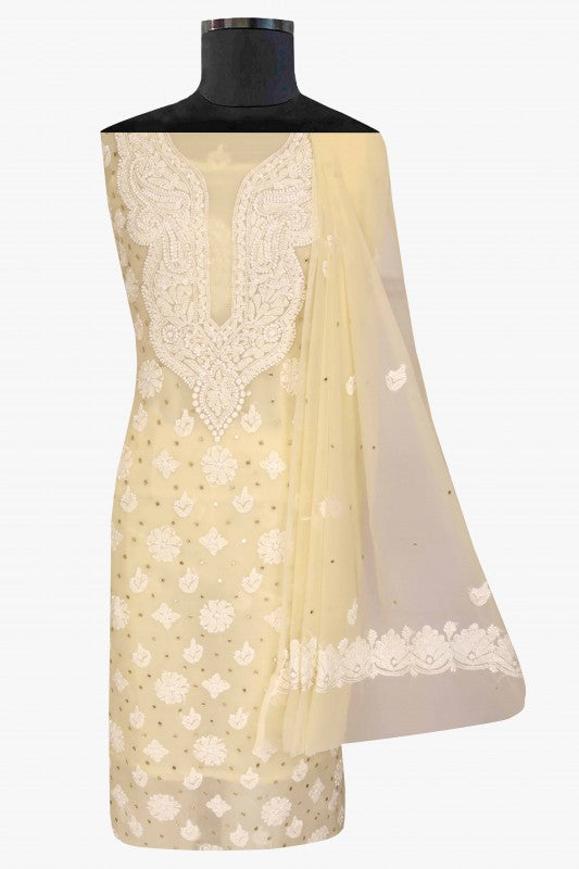 Ada Hand Embroidered Fawn Georgette Lucknowi Chikan Unstitched Suit Piece with Pearl & Sequinned Work A620849