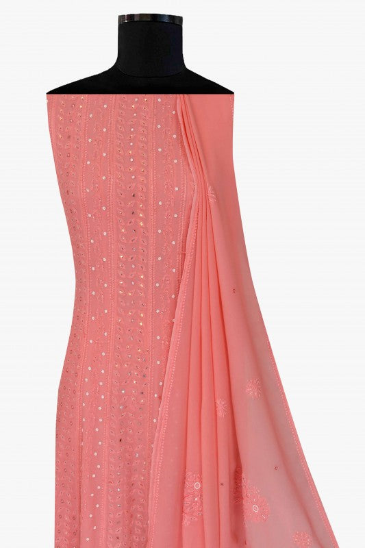 Ada Hand Embroidered Peach Georgette Lucknowi Chikan Semi-Stitched Anarkali Kurta Dupatta Set With Sequinned Work A595401