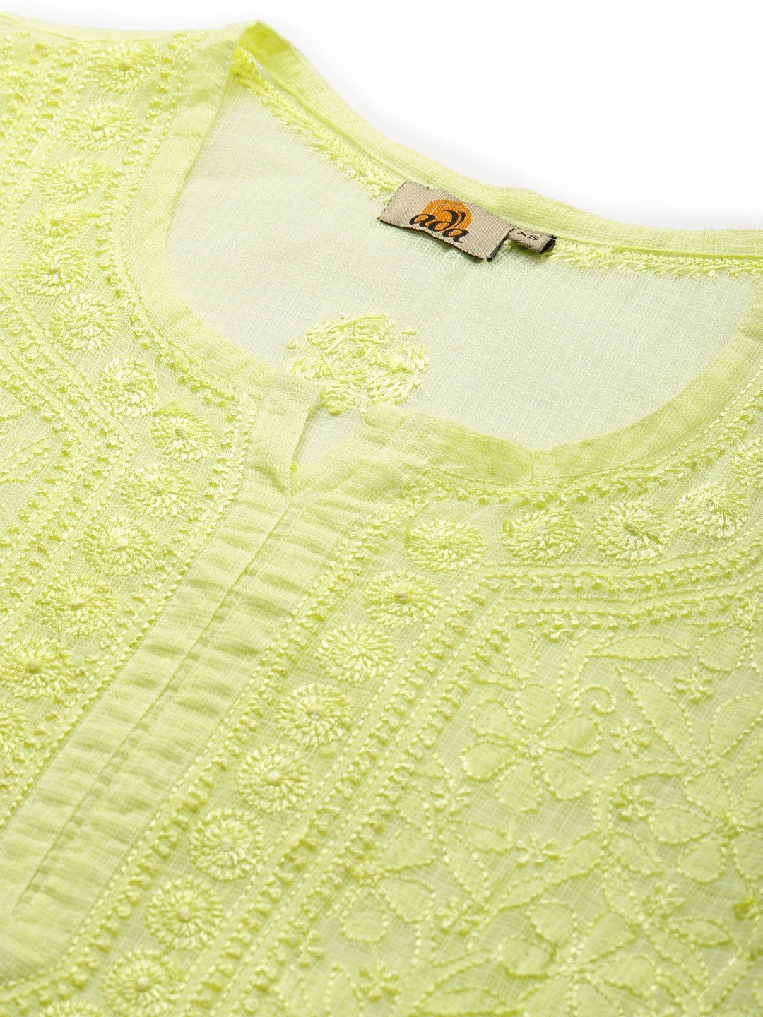 Ada Hand Embroidered Lime Green Kota Lucknow Chikankari Straight Kurta With Slip A411216