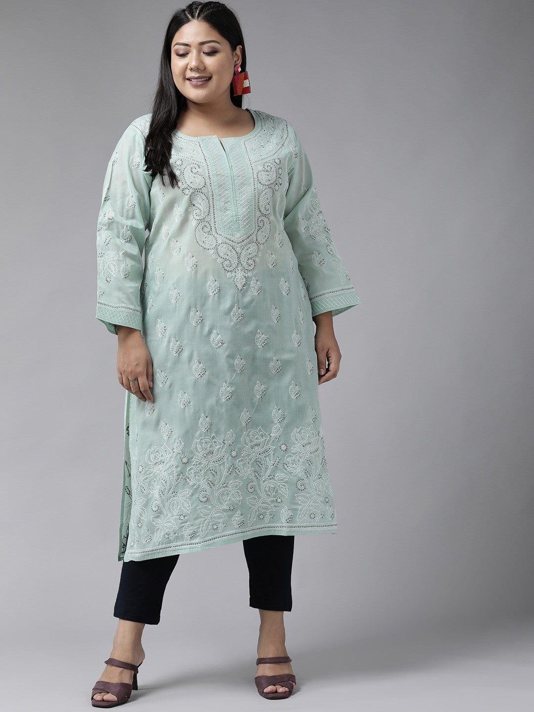 Ada Hand Embroidered Grey Cotton Lucknowi Chikankari Straight Kurta A230001