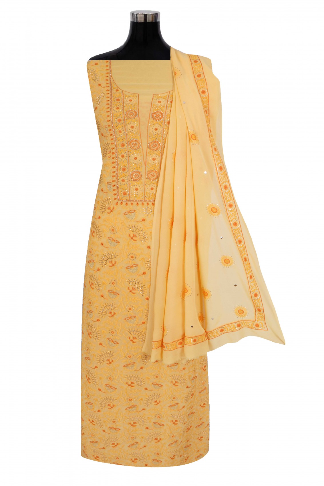 Ada Hand Embroidered Yellow Pure Georgette Lucknowi Chikankari Unstitched Suit Piece With Muqaish Work 01A157718