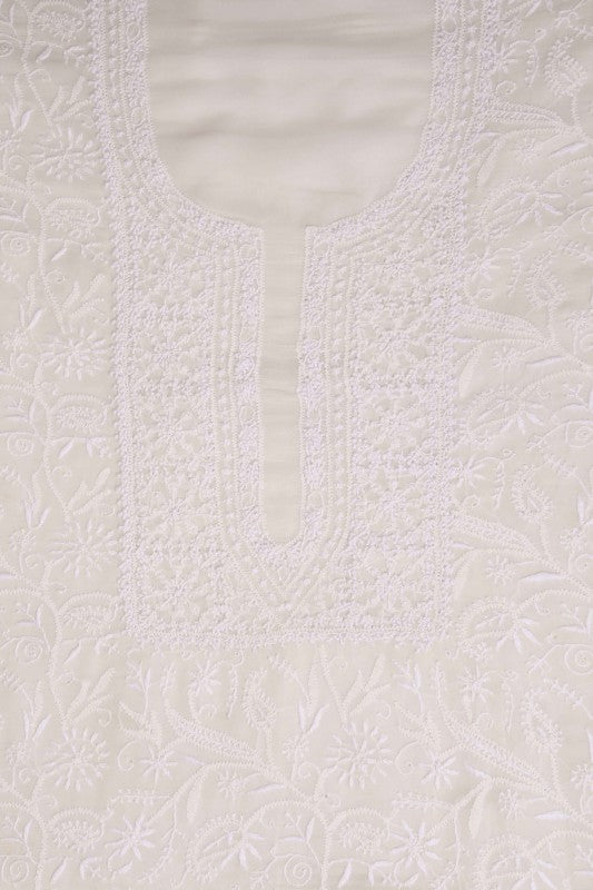 Ada Hand Embroidered Off White Pure Georgette Lucknowi Chikan Unstitched Kurta Piece- A625465