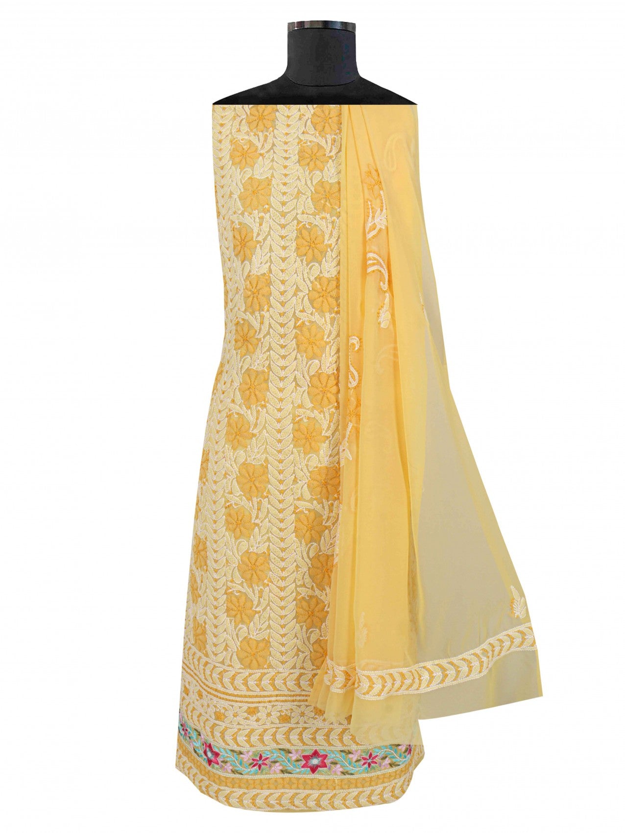 Ada Hand Embroidered Yellow Georgette Lucknowi Chikankari Unstitched Suit Piece With Parsi Work 01A196707