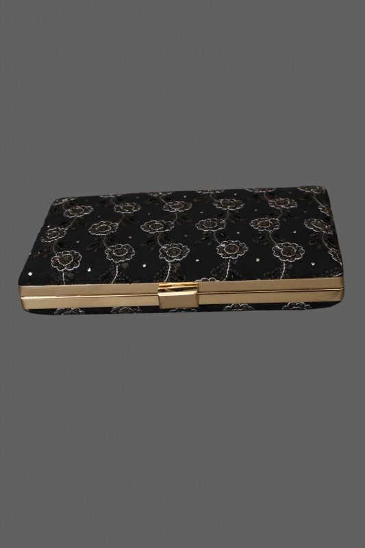 Ada Hand Embroidered Black Pure Georgette Lucknow Chikankari Clutch With Muqaish Work-A605998