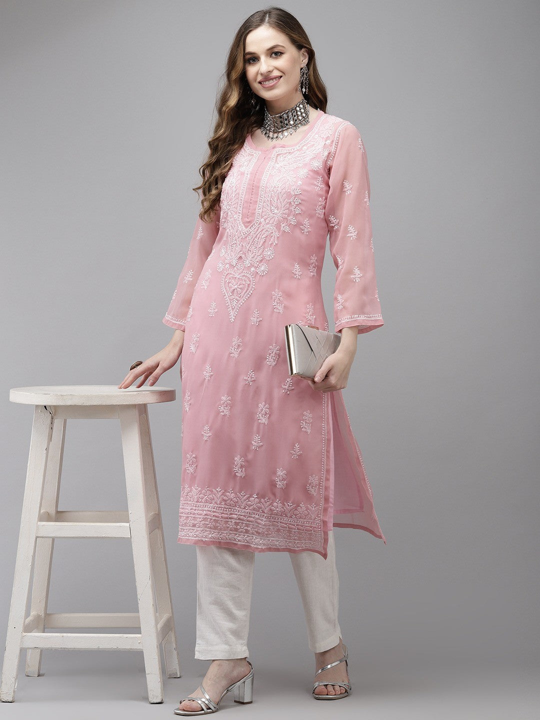 Ada Hand Embroidered Dusty Pink Georgette Lucknow Chikan Kurta with Slip A411347