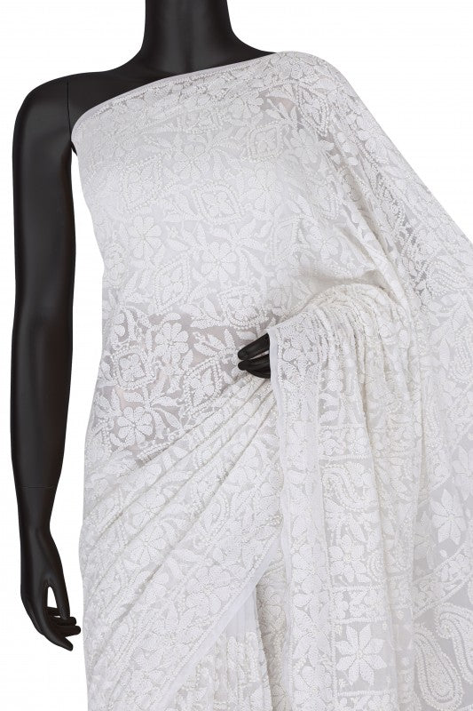 Ada Hand Embroidered White Georgette Lucknowi Chikankari Saree With Blouse A588582