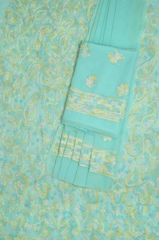 Ada Hand Embroidered Sea Green Georgette Lucknowi Chikan Unstitched Suit Piece-A211175