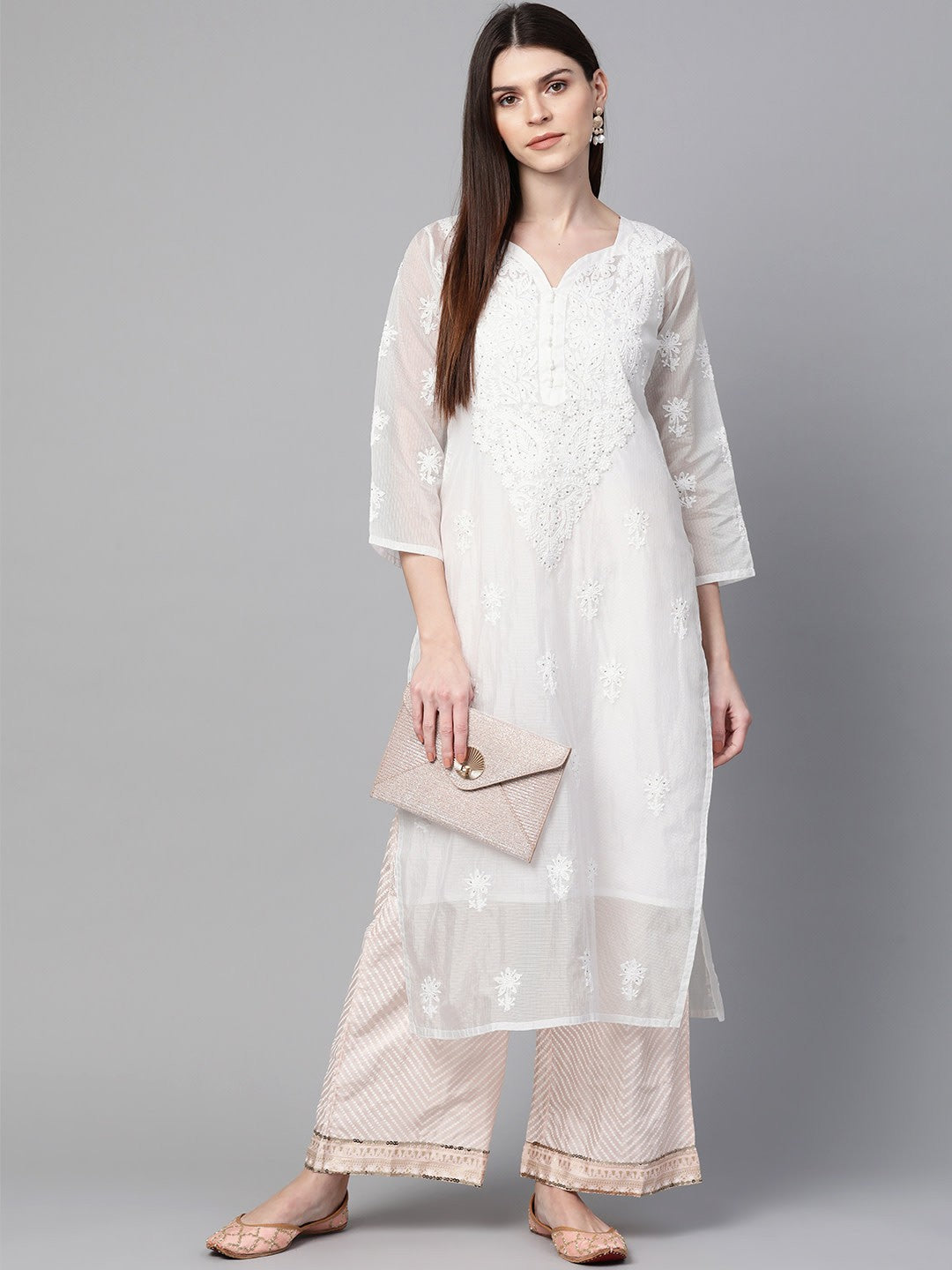Ada Hand Embroidered White Kota Lucknowi Chikankari Straight Kurta/Slip With Muqaish Work A100412