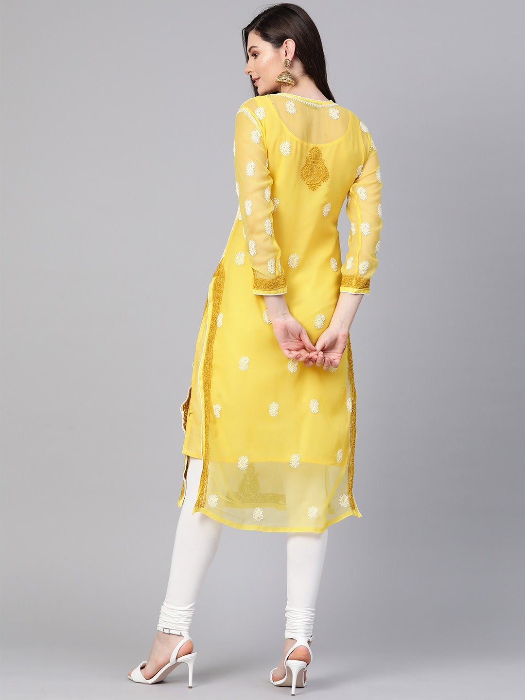 Ada Hand Embroidered Yellow Georgette Lucknow Chikankari Straight Kurti with Slip A100377