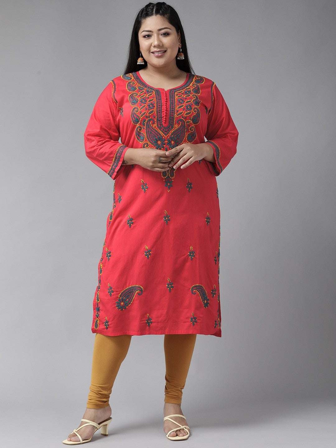 Ada Hand Embroidered Carrot Pink Cotton Lucknowi Chikankari Straight  Kurta A223764