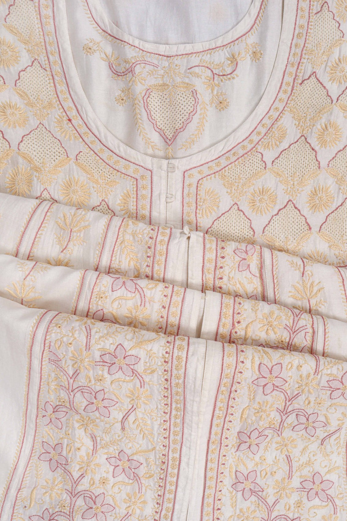 Ada Hand Embroidered Cream Chanderi Lucknowi Chikankari Semi-Stitched Anarkali Kurta Dupatta Set 01A223202
