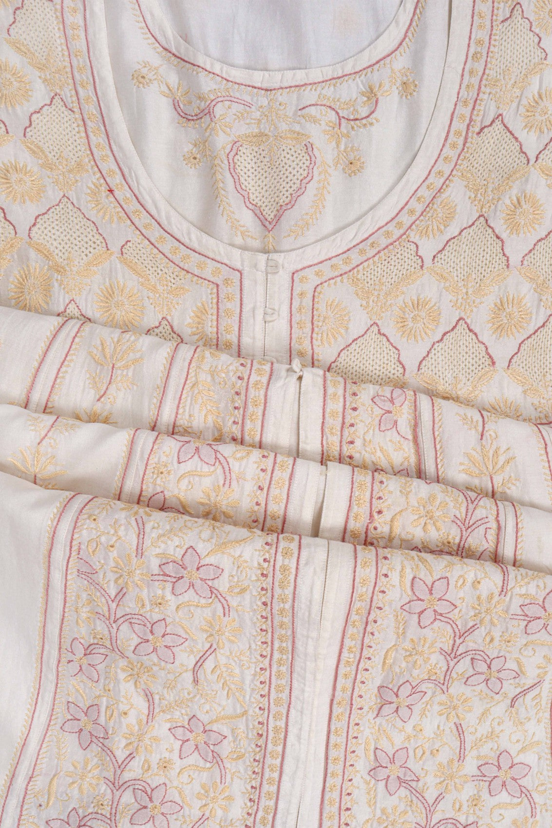 Ada Hand Embroidered Cream Chanderi Lucknowi Chikankari Semi-Stitched Anarkali Kurta Dupatta Set 01A223202