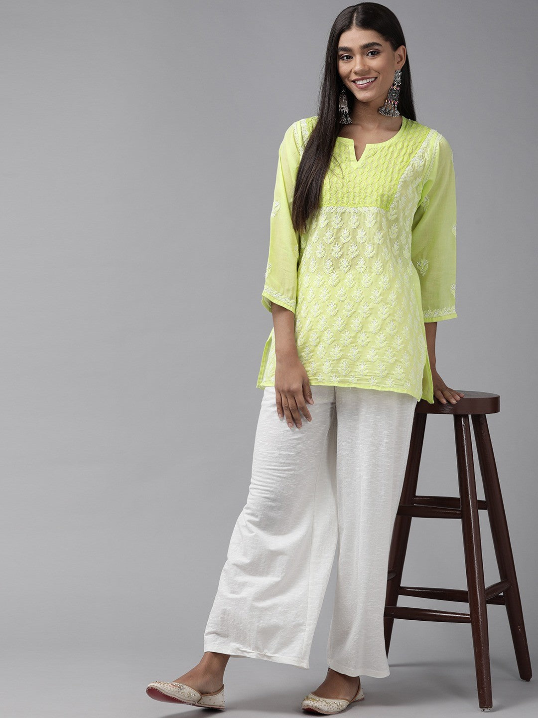 Ada Hand Embroidered Lime Green Cotton Lucknowi Chikankari Straight Kurti A911246
