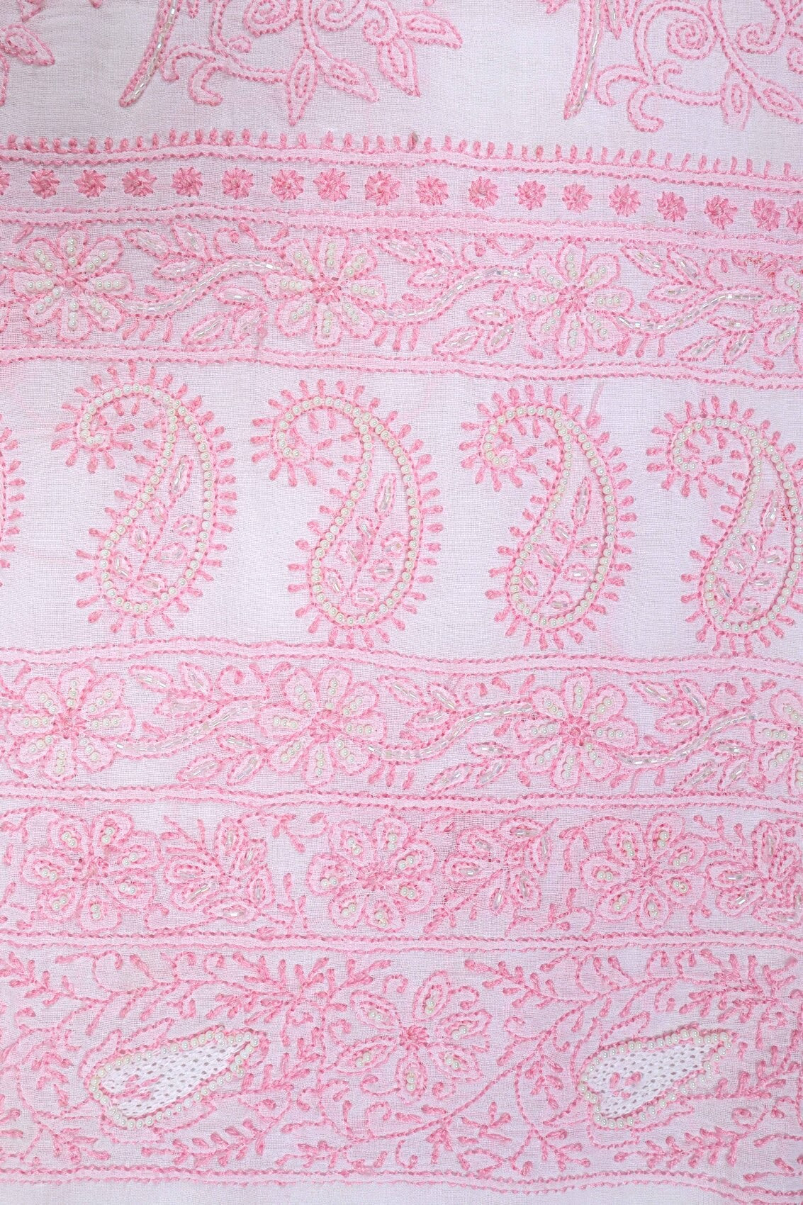Ada Hand Embroidered White Cotton Lucknowi Chikankari Unstitched Kurta Dupatta Set With Pearl Work A599231