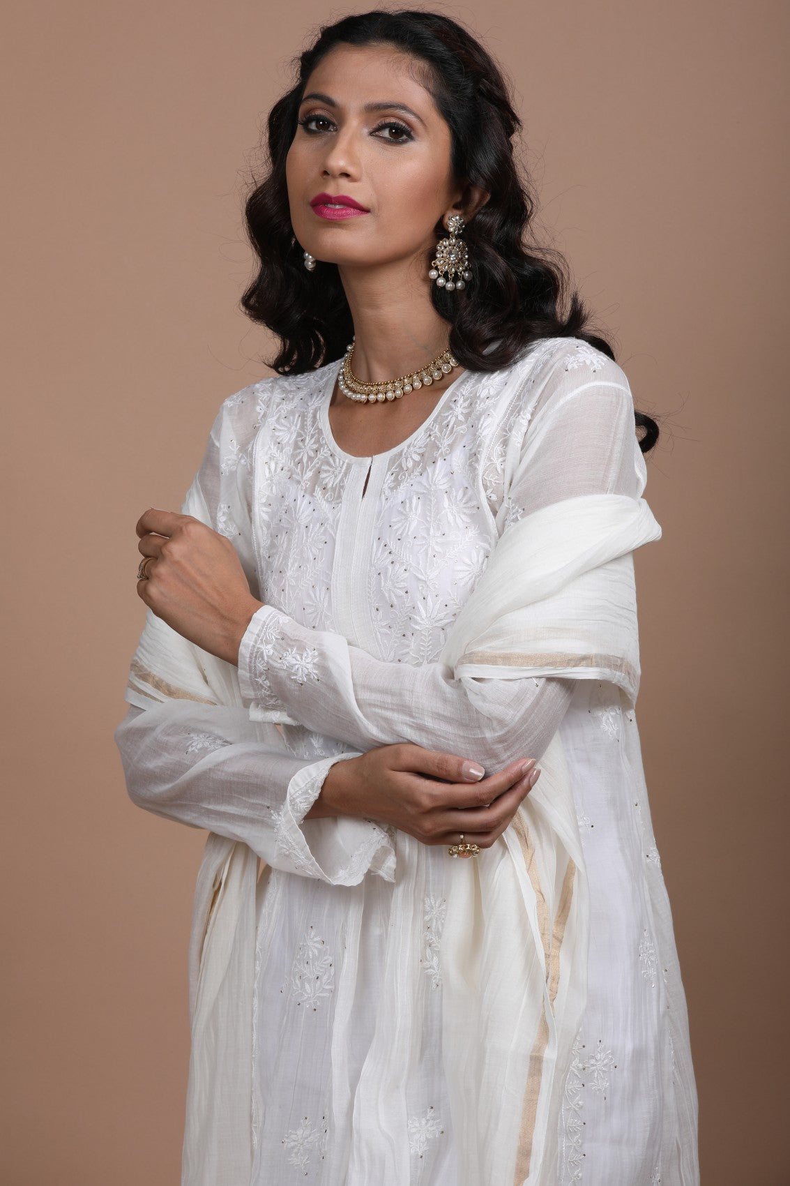 Ada Hand Embroidered White Chanderi Lucknowi Chikankari Semi-stitched Kurta Dupatta Set With Muqaish Work 01A260055