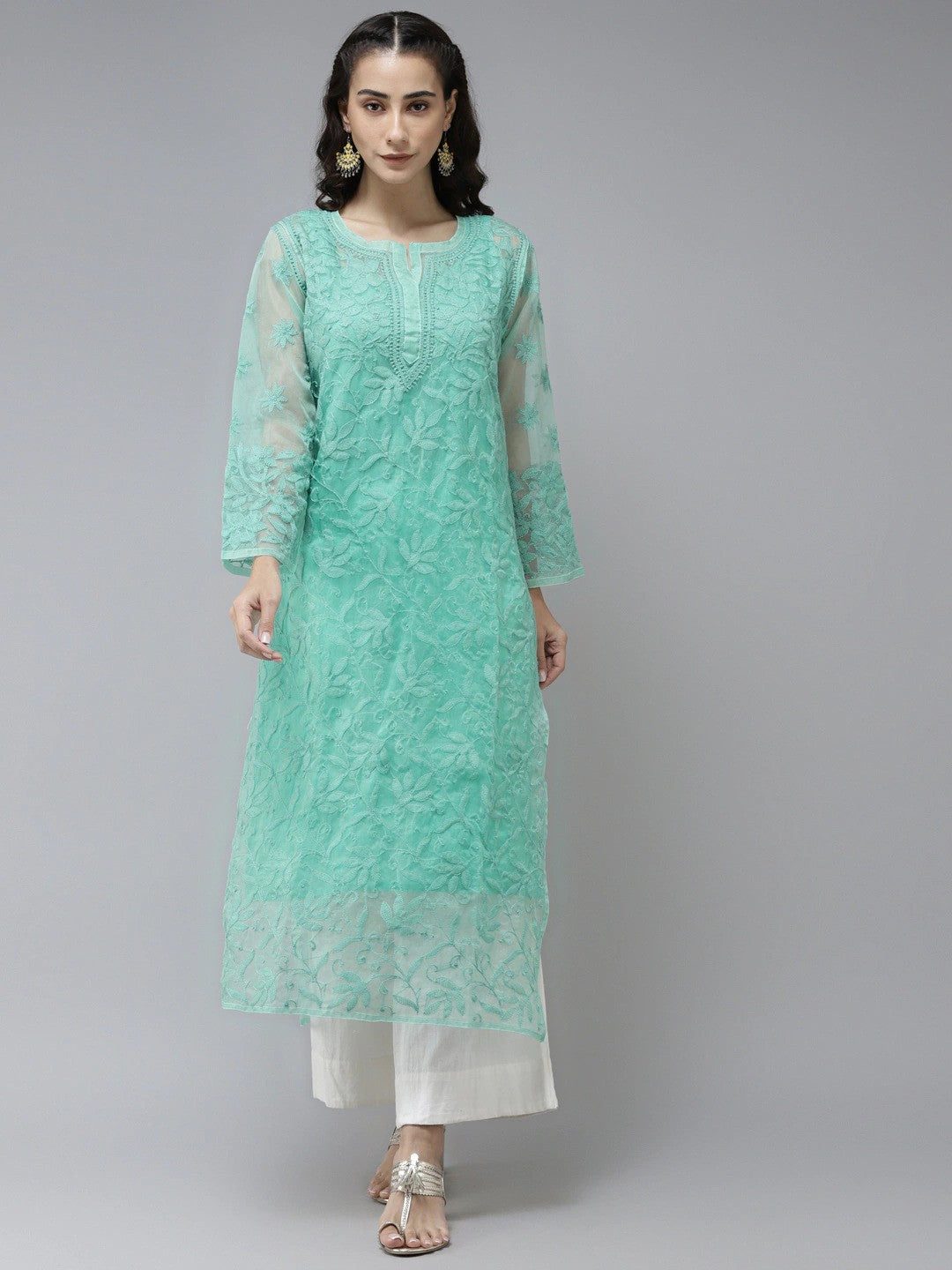 Ada Hand Embroidered Sea Green Organza Lucknowi Chikankari Straight Kurta With Slip- A411242