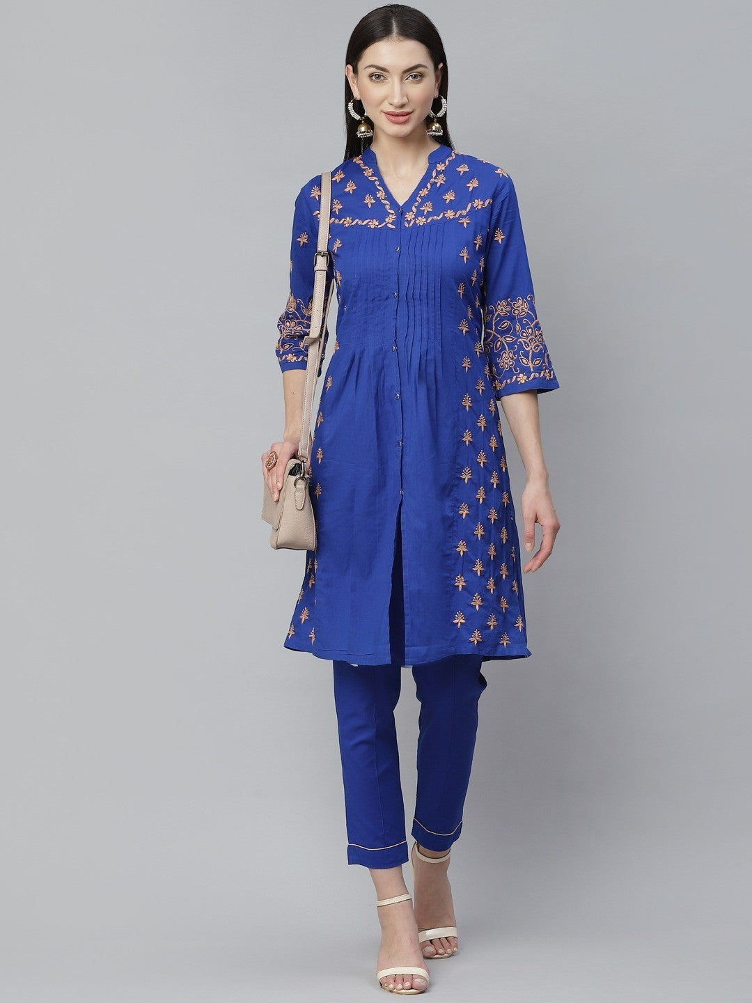 Ada Hand Embroidered Royal Blue Cotton Lucknowi Chikankari Straight Kurta with Trouser Set A811133