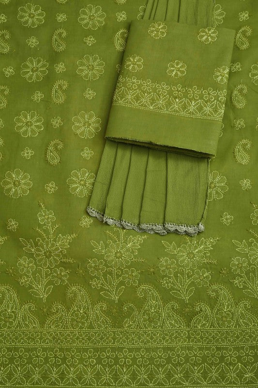 Ada Hand Embroidered Green Cotton Lucknowi Chikan Unstitched Suit Piece–A100194