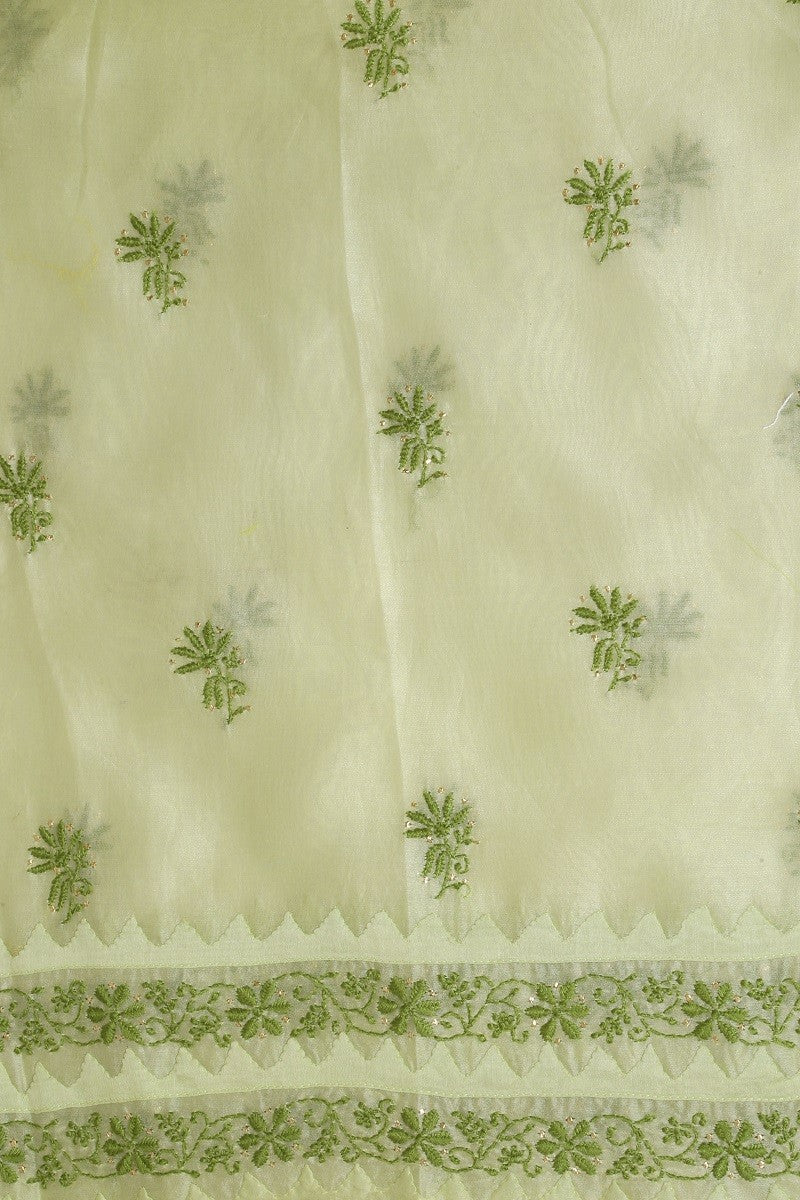 Ada Hand Embroidered Green Chanderi Lucknowi Chikan Semi-Stitched Kurta Piece With Muqaish Work-A588042