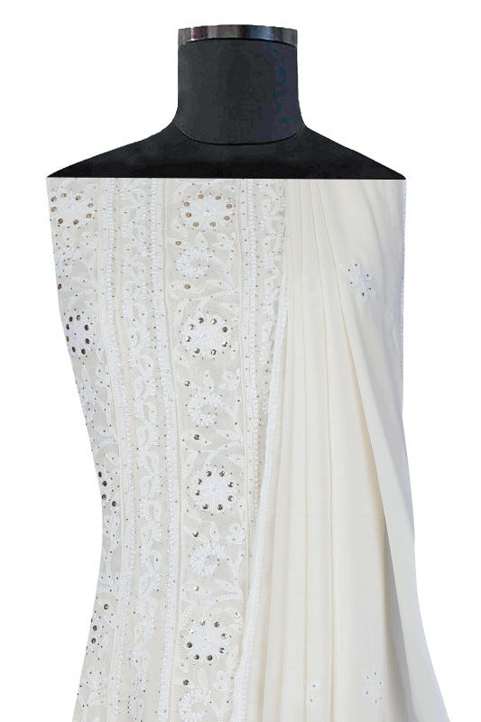 Ada Hand Embroidered White Pure Georgette Lucknowi Chikankari Semi-stitched Anarkali Kurta Dupatta Set With Muqaish Work- A625852