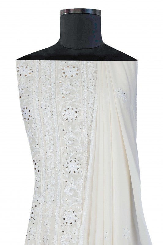 Ada Hand Embroidered White Pure Georgette Lucknowi Chikankari Semi-stitched Anarkali Kurta Dupatta Set With Muqaish Work- A625852